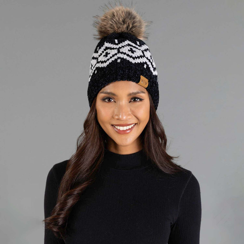Black & Lt. Gray Patterned Chenille Pom Hat
