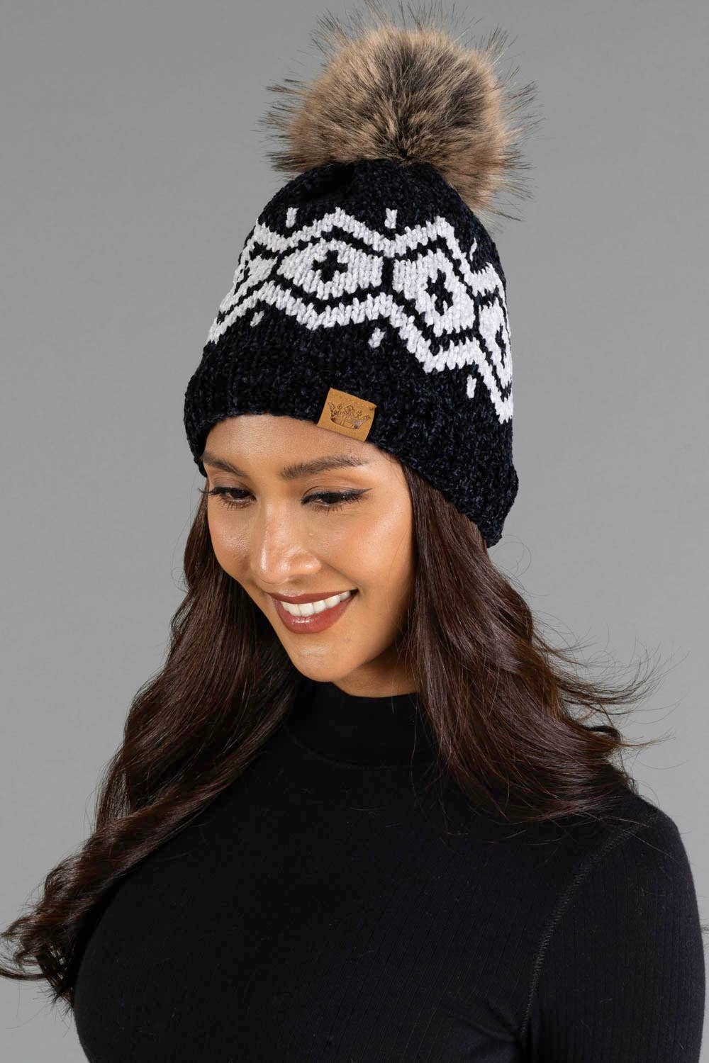Black & Lt. Gray Patterned Chenille Pom Hat