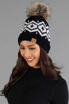 Black & Lt. Gray Patterned Chenille Pom Hat