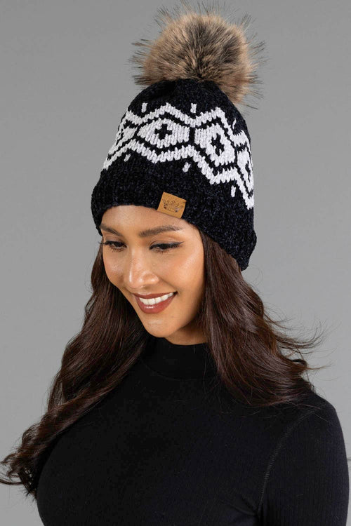 Black & Lt. Gray Patterned Chenille Pom Hat