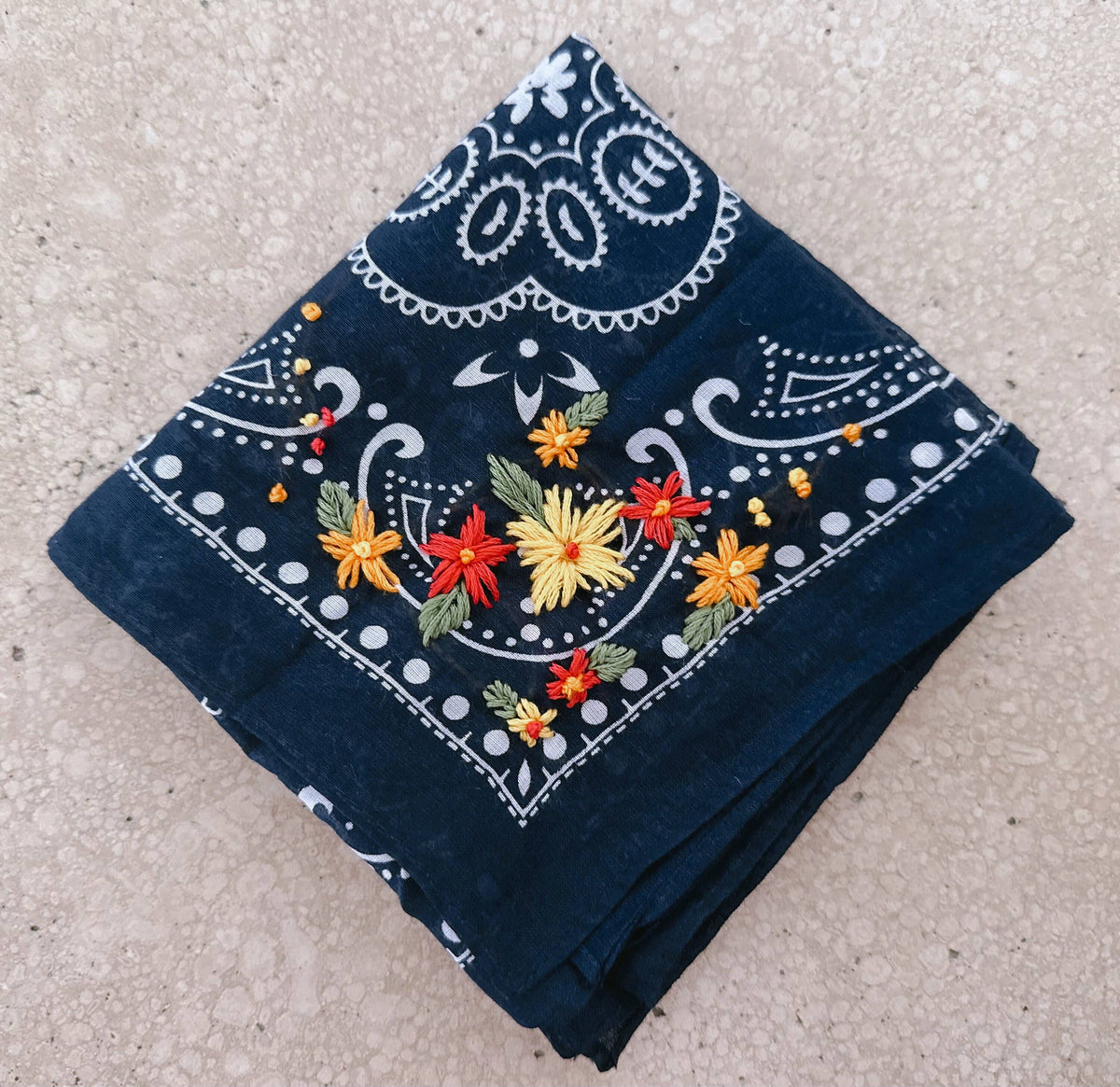 Final Sale-Embroidered Navy Bandana With Bright Flowers