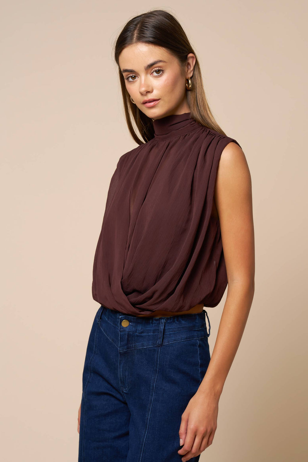 Draped Chiffon Mock Neck
