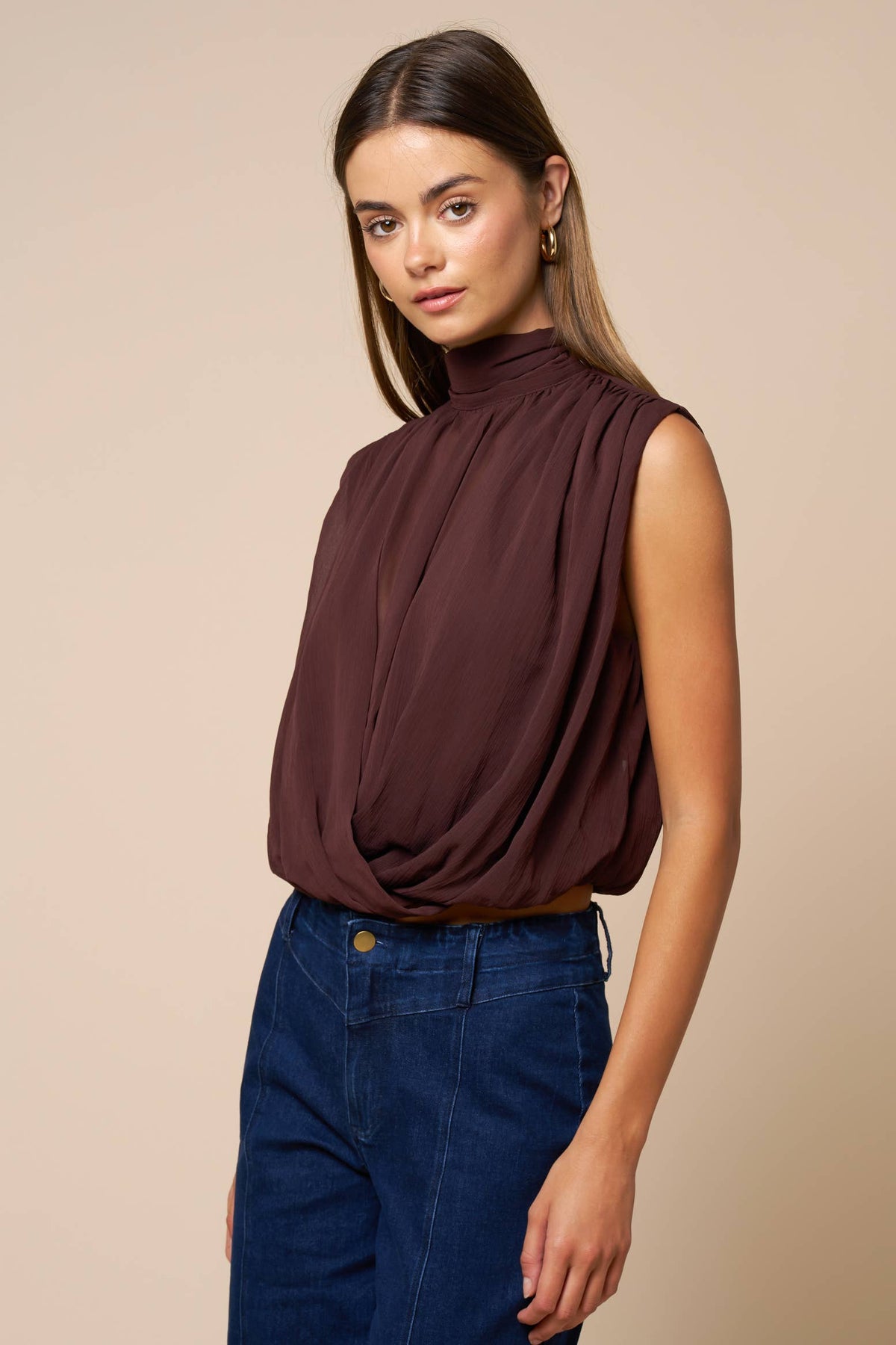 Draped Chiffon Mock Neck