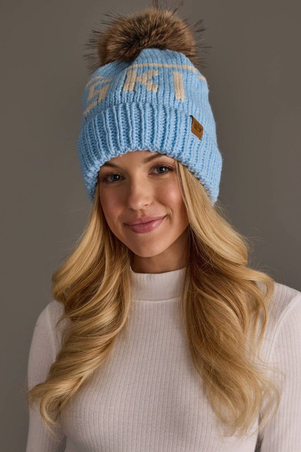 Lt. Blue & Beige Ski Pom Hat