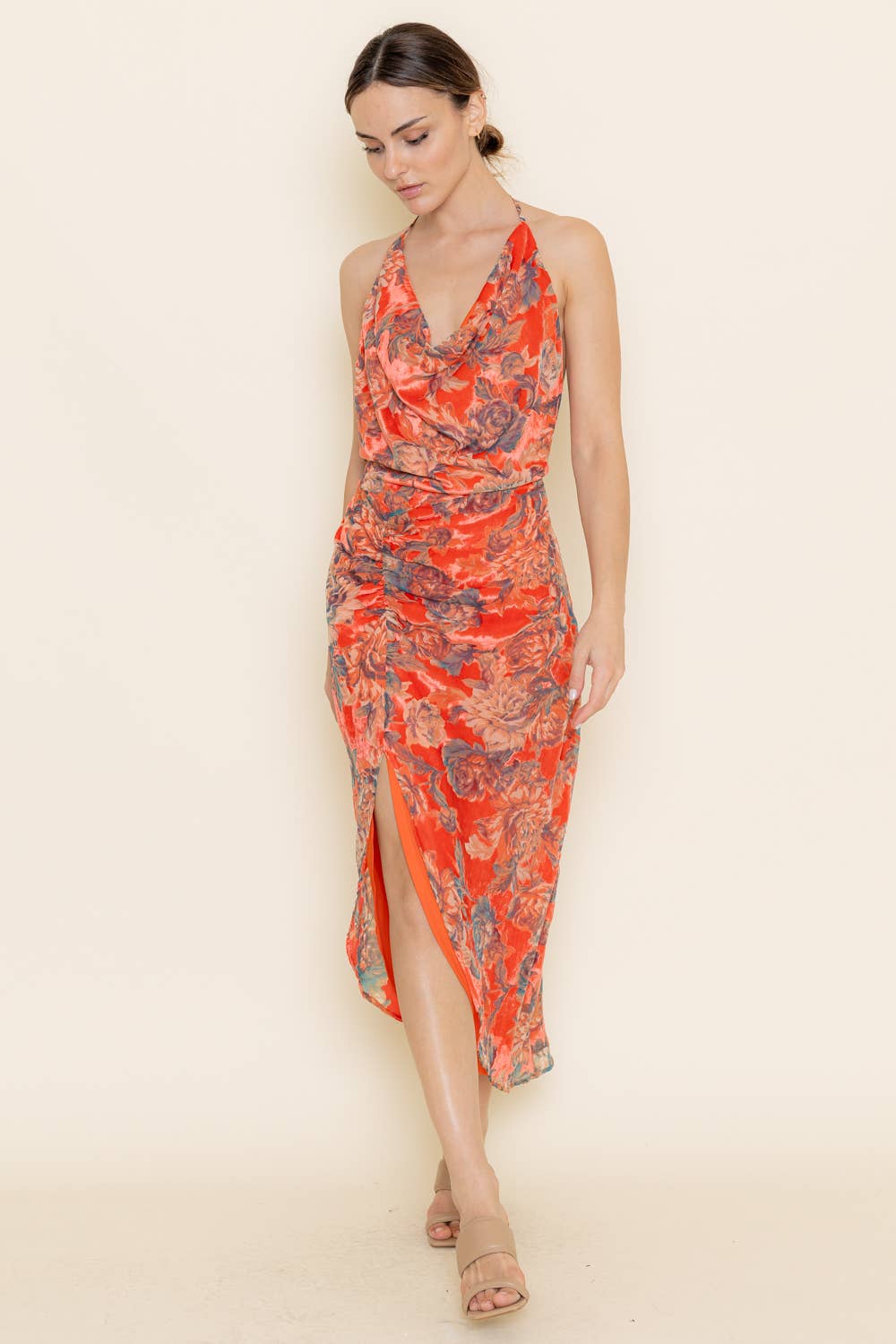 Burnt Out Floral Velvet Halter Dress