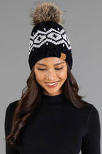 Black & Lt. Gray Patterned Chenille Pom Hat