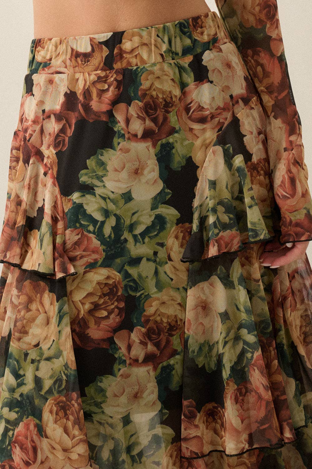 Floral Mesh High-Waist Ruffle Maxi Skirt
