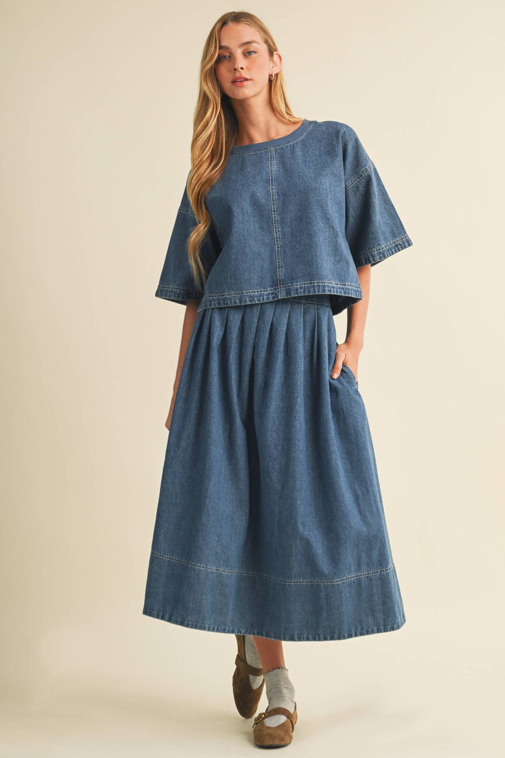 High-Waist Pleated A-Line Denim Skirt