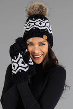 Black & Lt. Gray Patterned Chenille Pom Hat