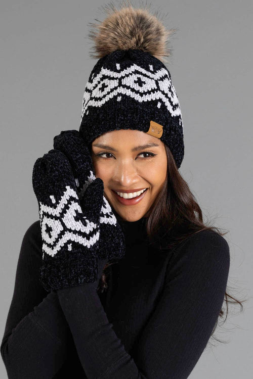 Black & Lt. Gray Patterned Chenille Mittens