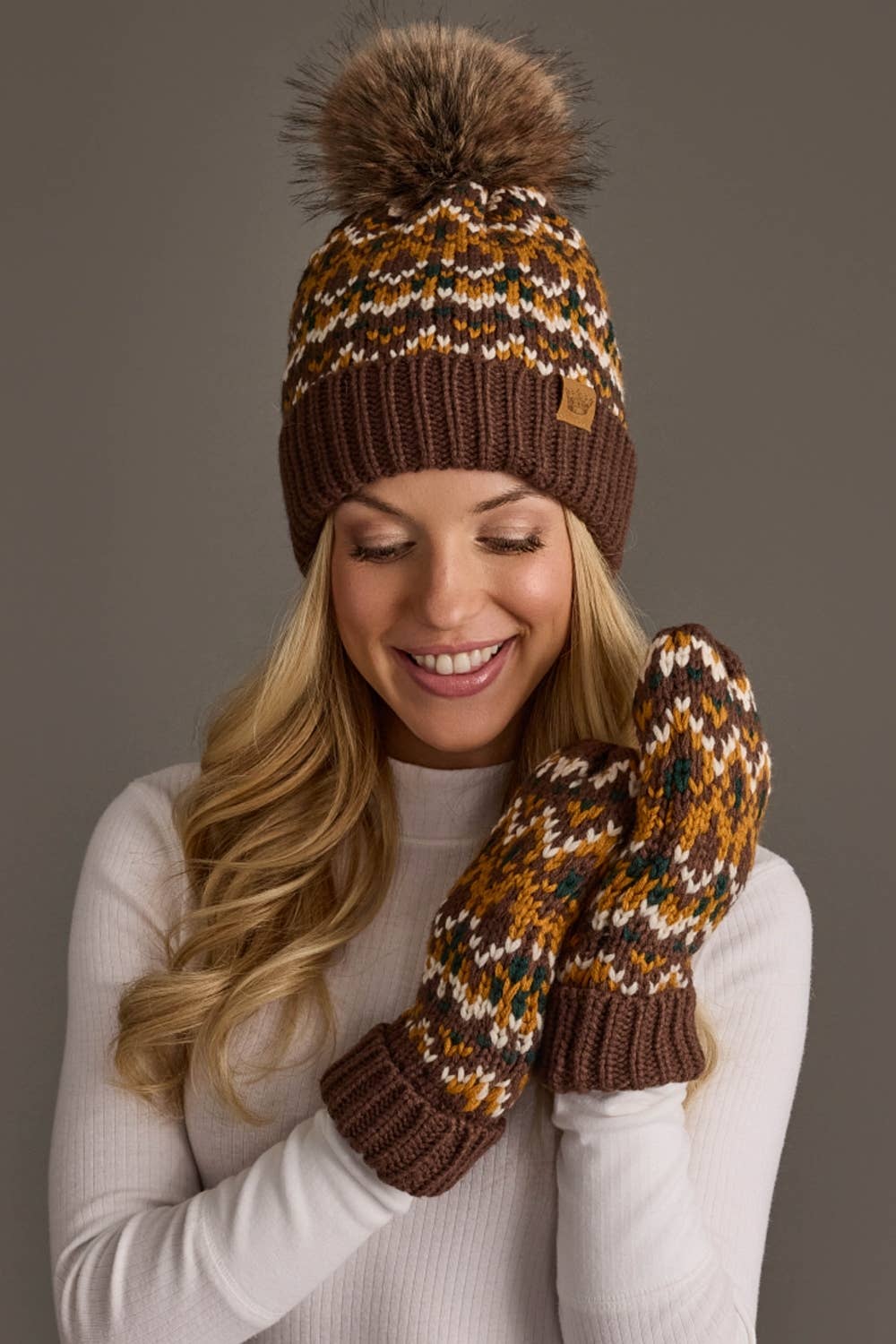 Brown, Mustard & Cream Patterned Mittens