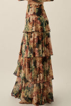 Floral Mesh High-Waist Ruffle Maxi Skirt