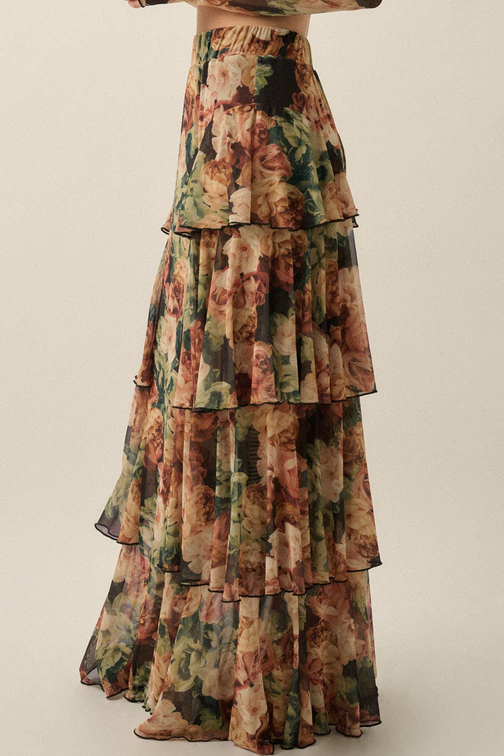Floral Mesh High-Waist Ruffle Maxi Skirt