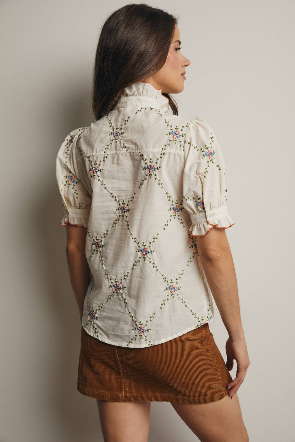 Final Sale-Embroidered Ruffle Collar Cotton Blouse