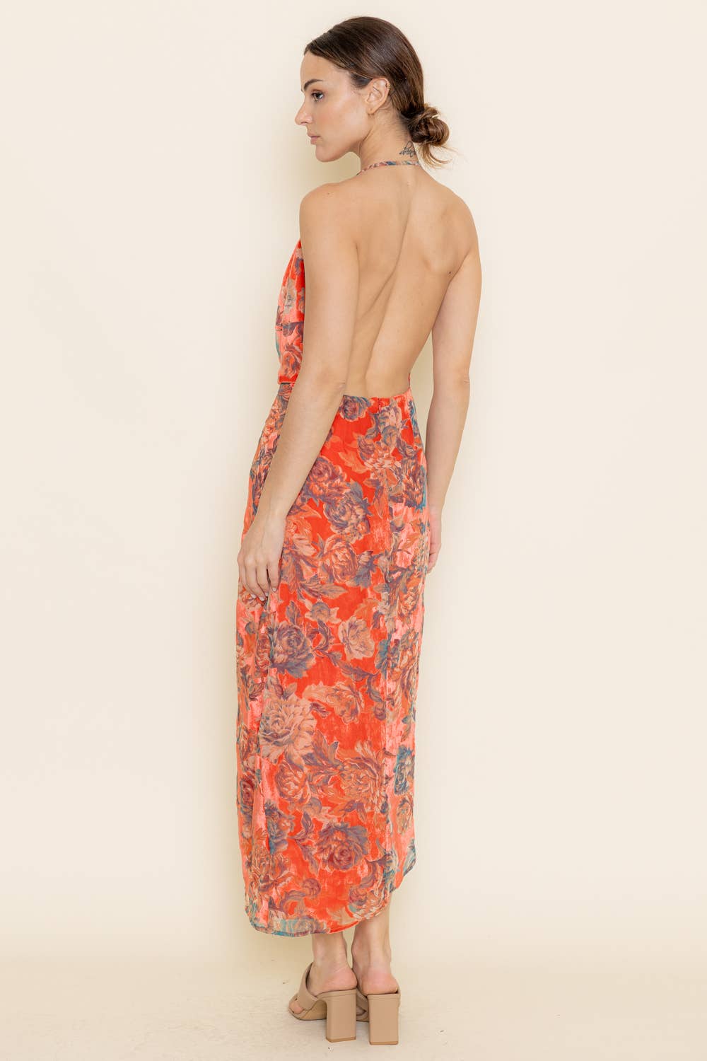 Burnt Out Floral Velvet Halter Dress