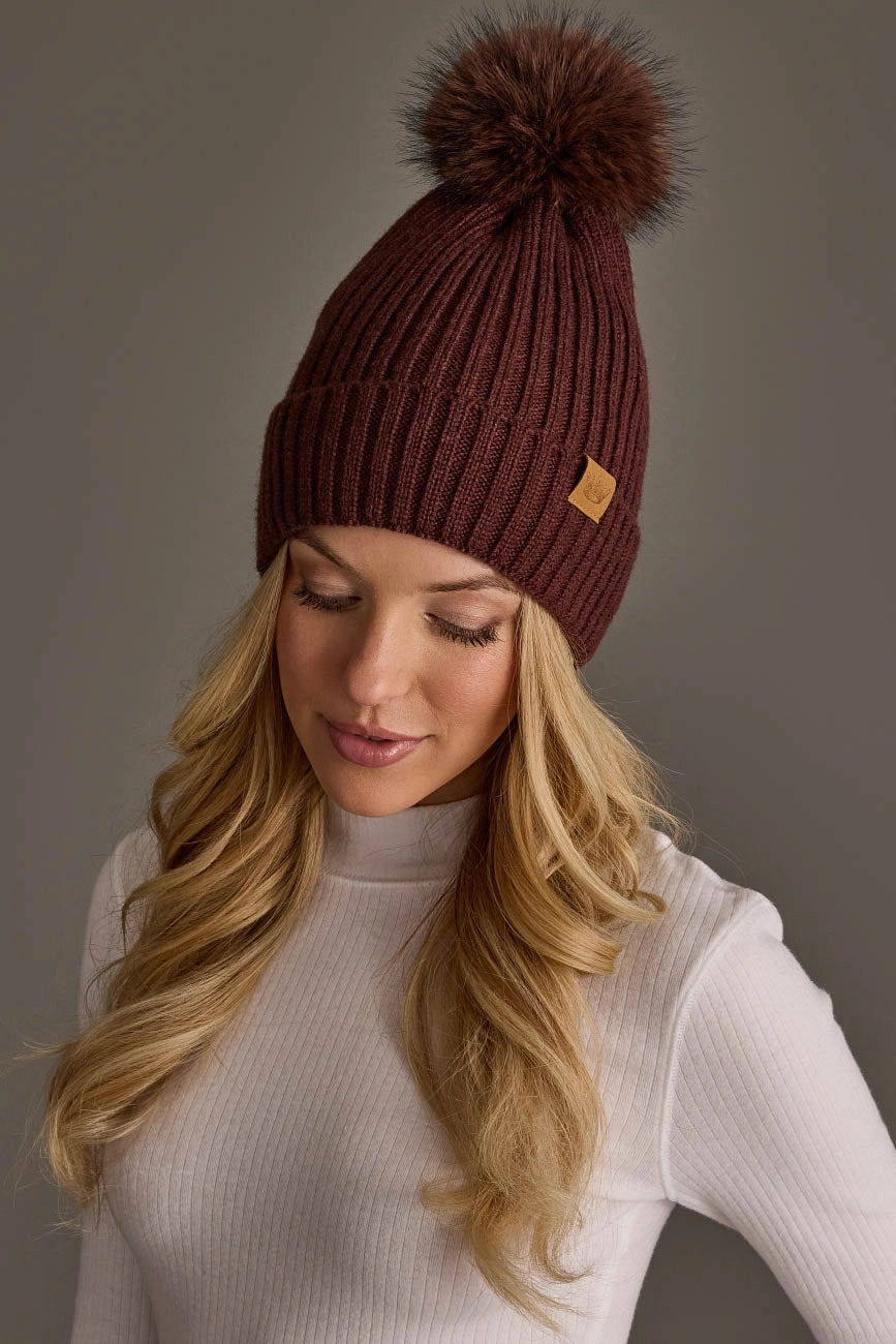 Brown Knit Hat with Brown Pom