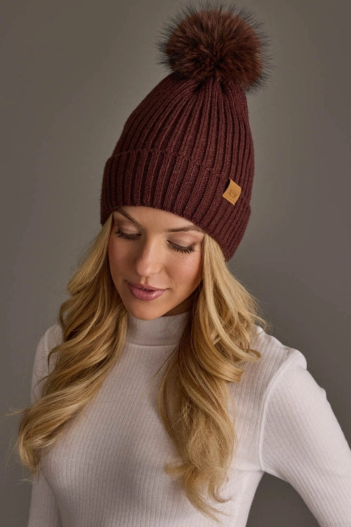 Brown Knit Hat with Brown Pom