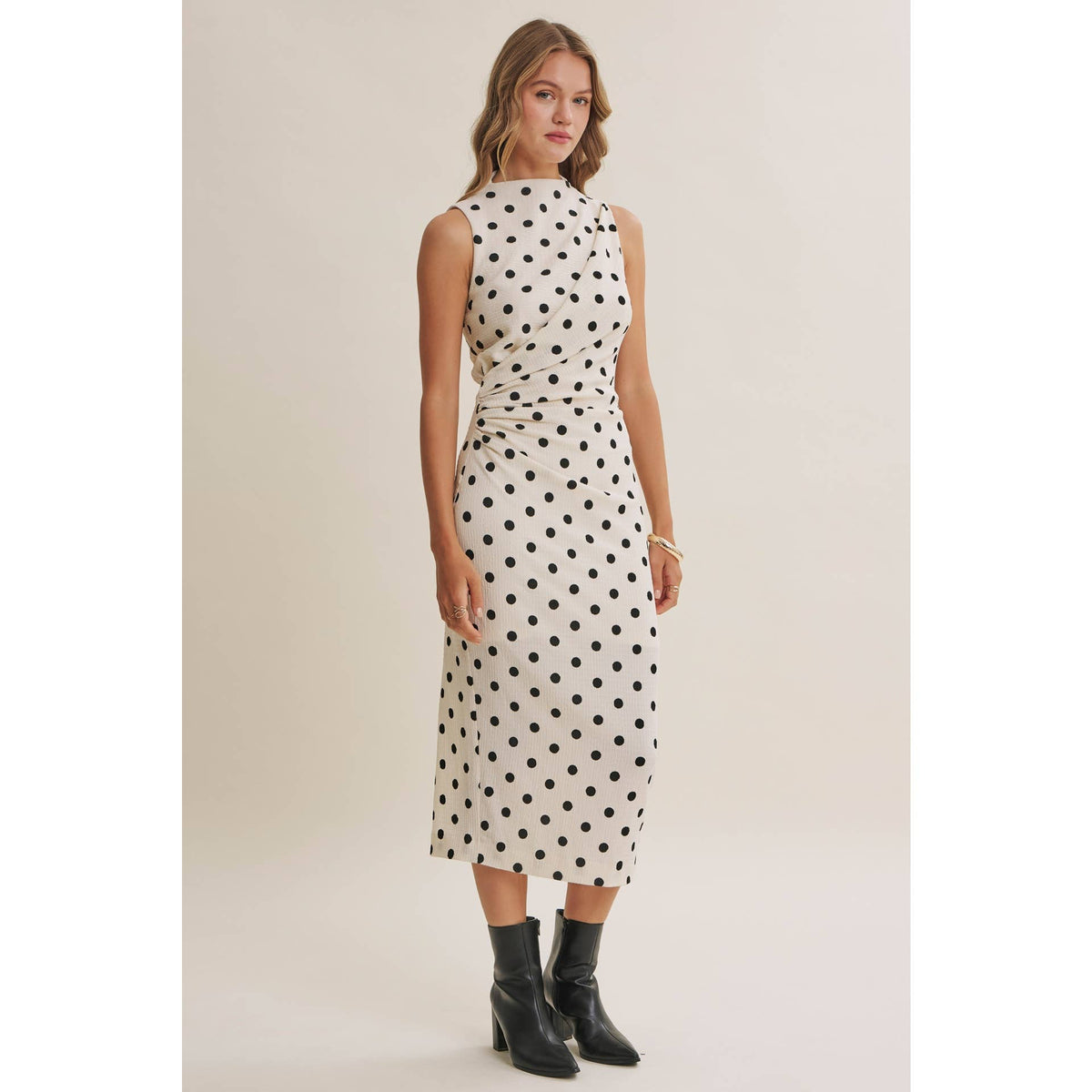 Polka Dot Ruched Midi Dress