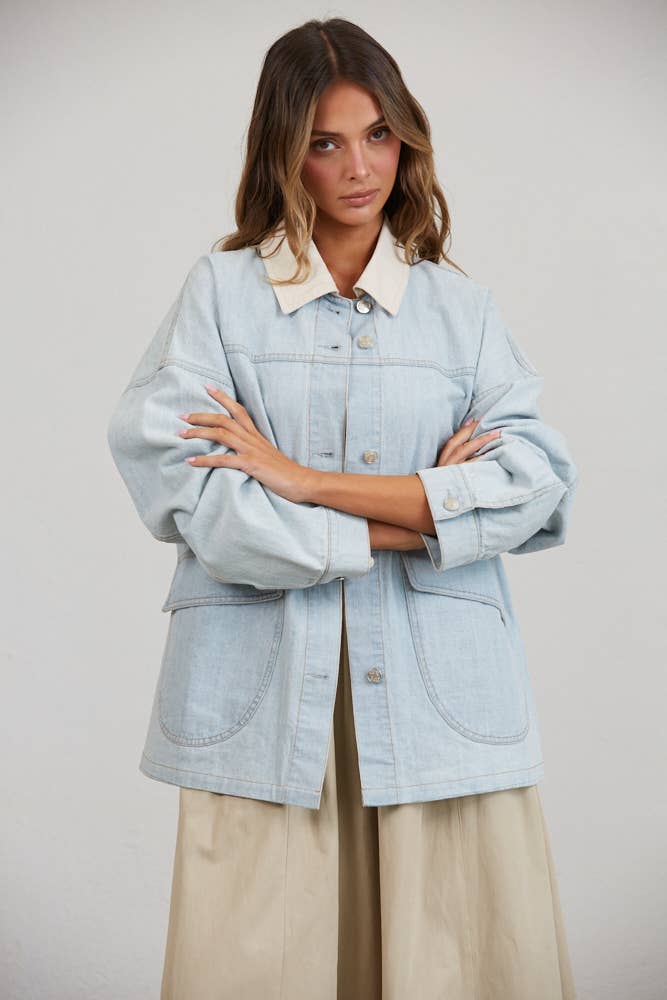 Utility Contrast Collared Denim Jacket