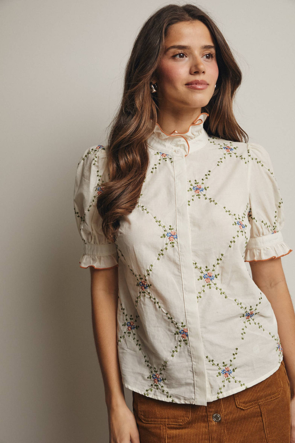 Final Sale-Embroidered Ruffle Collar Cotton Blouse