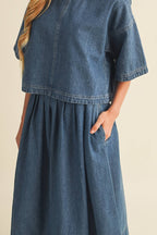 High-Waist Pleated A-Line Denim Skirt