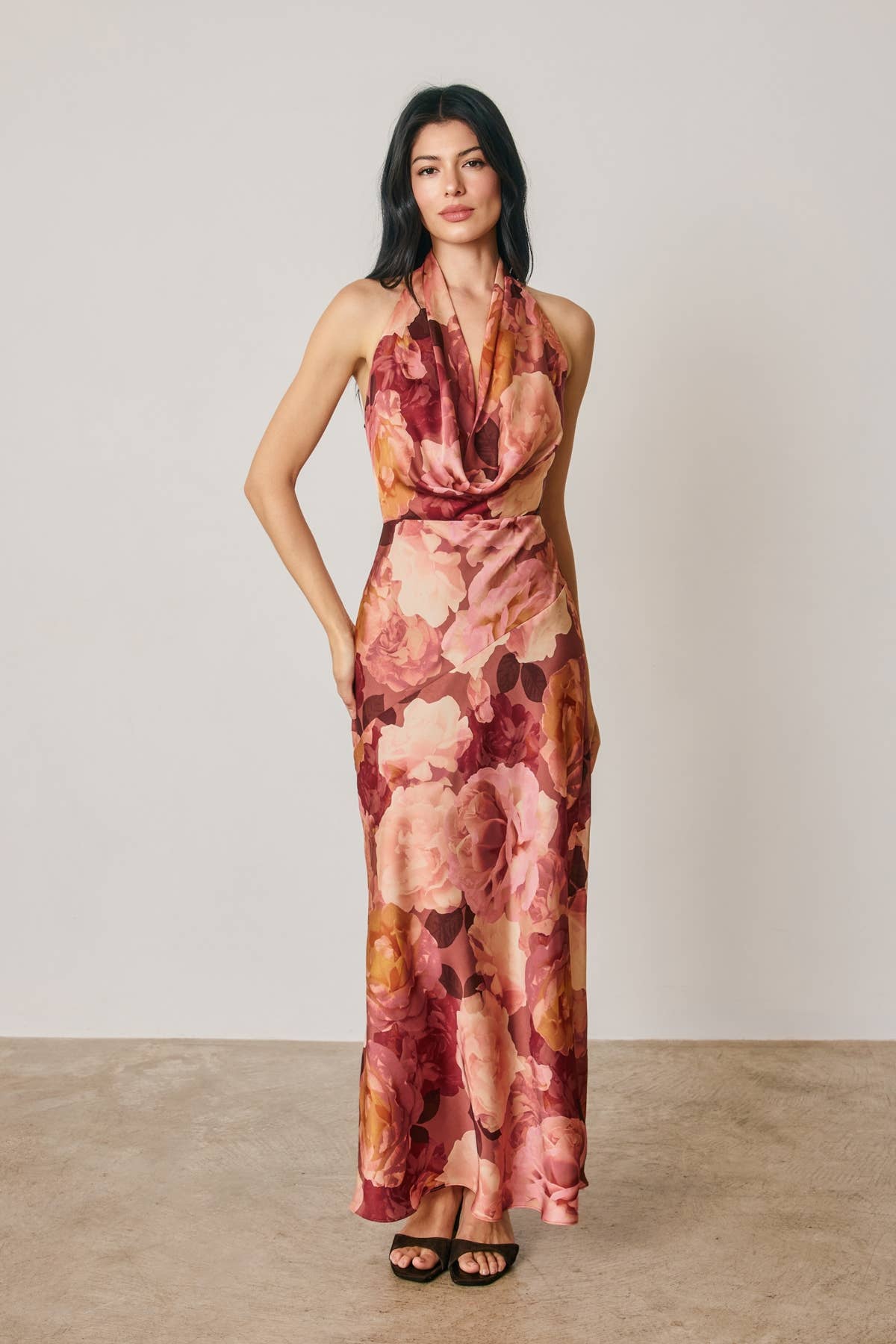 Floral Draped Halter Maxi Dress