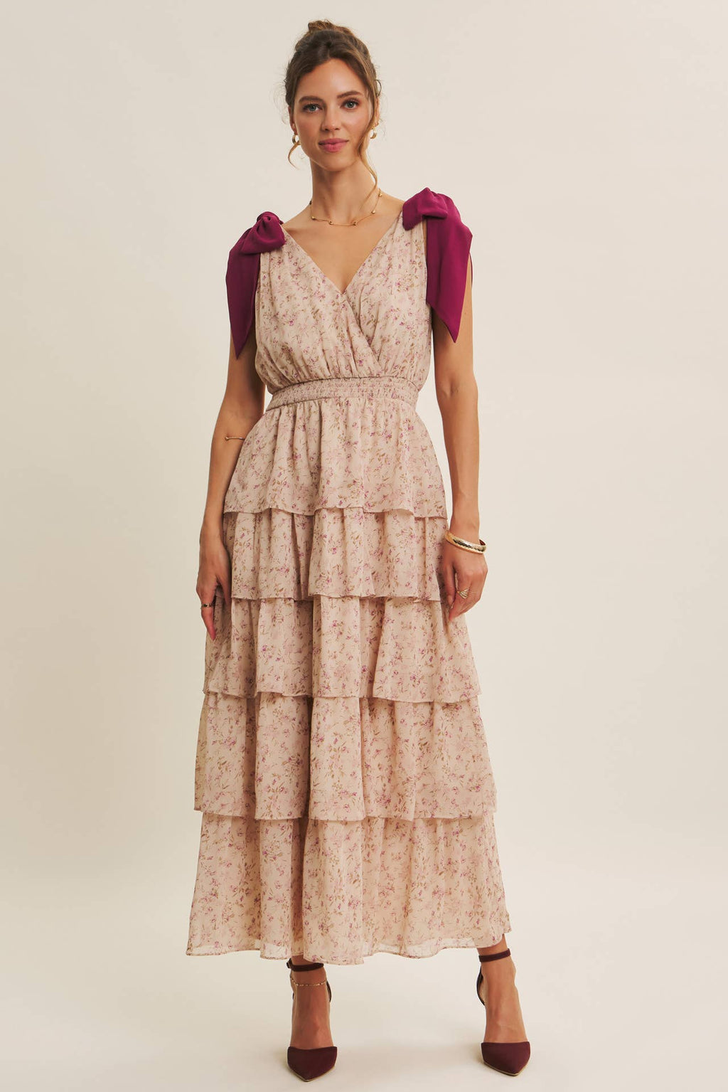 Beloved Tiered Floral Shoulder-Tie Maxi Dress