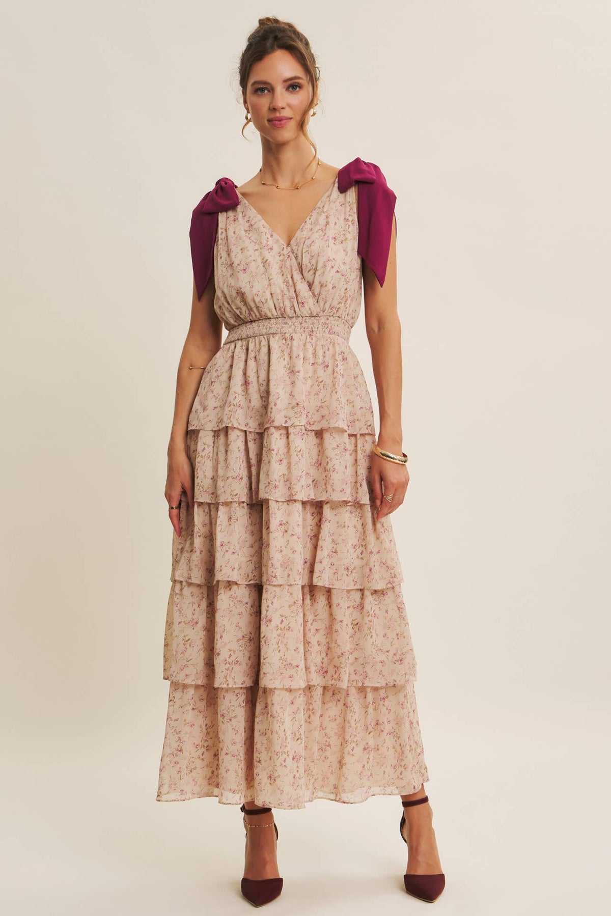 Beloved Tiered Floral Shoulder-Tie Maxi Dress