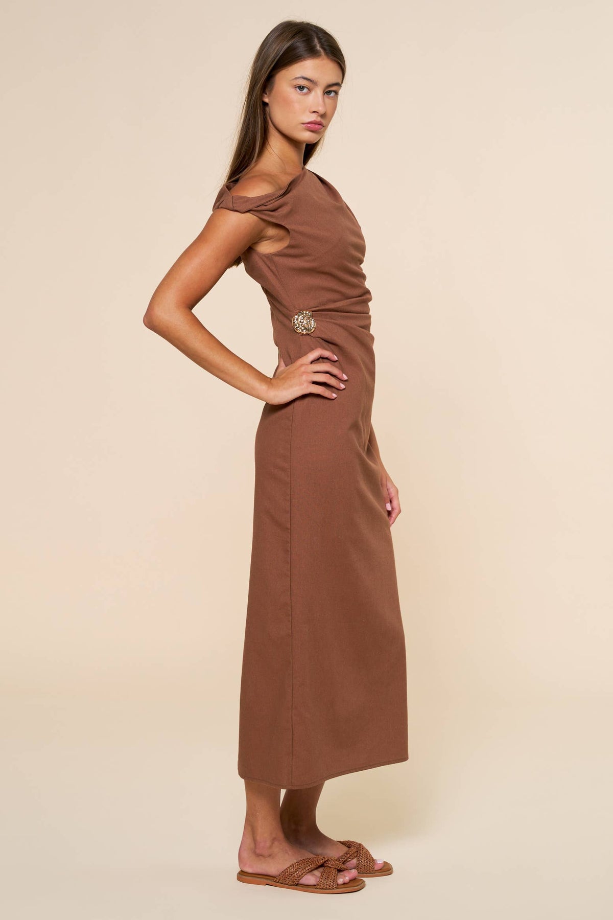 Final Sale-Asymmetrical Midi Dress W/ Golden Detail