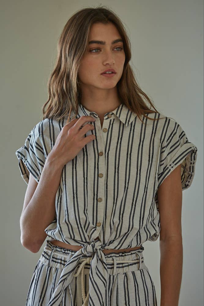 Final Sale-Striped Waist Tie Top