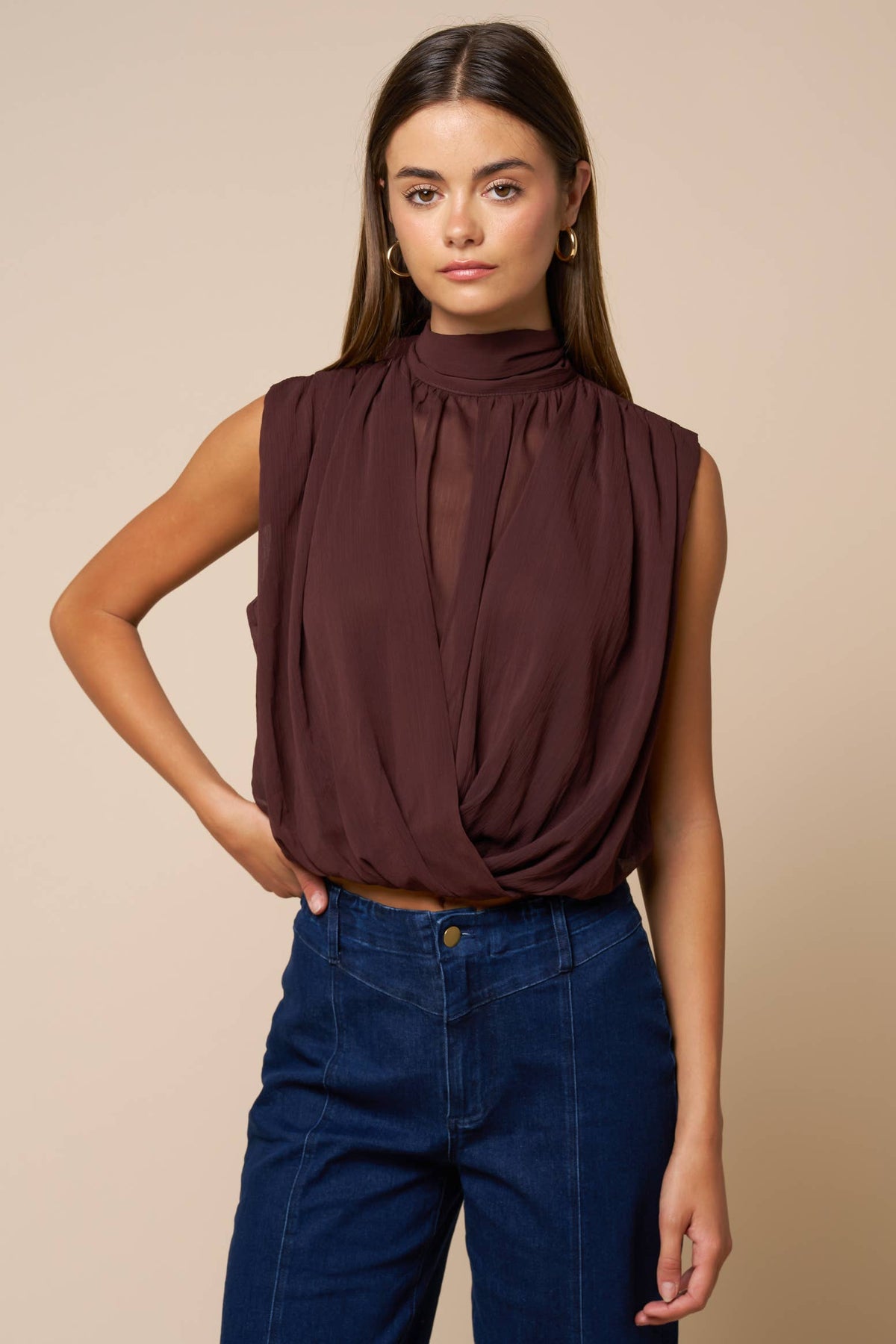 Draped Chiffon Mock Neck