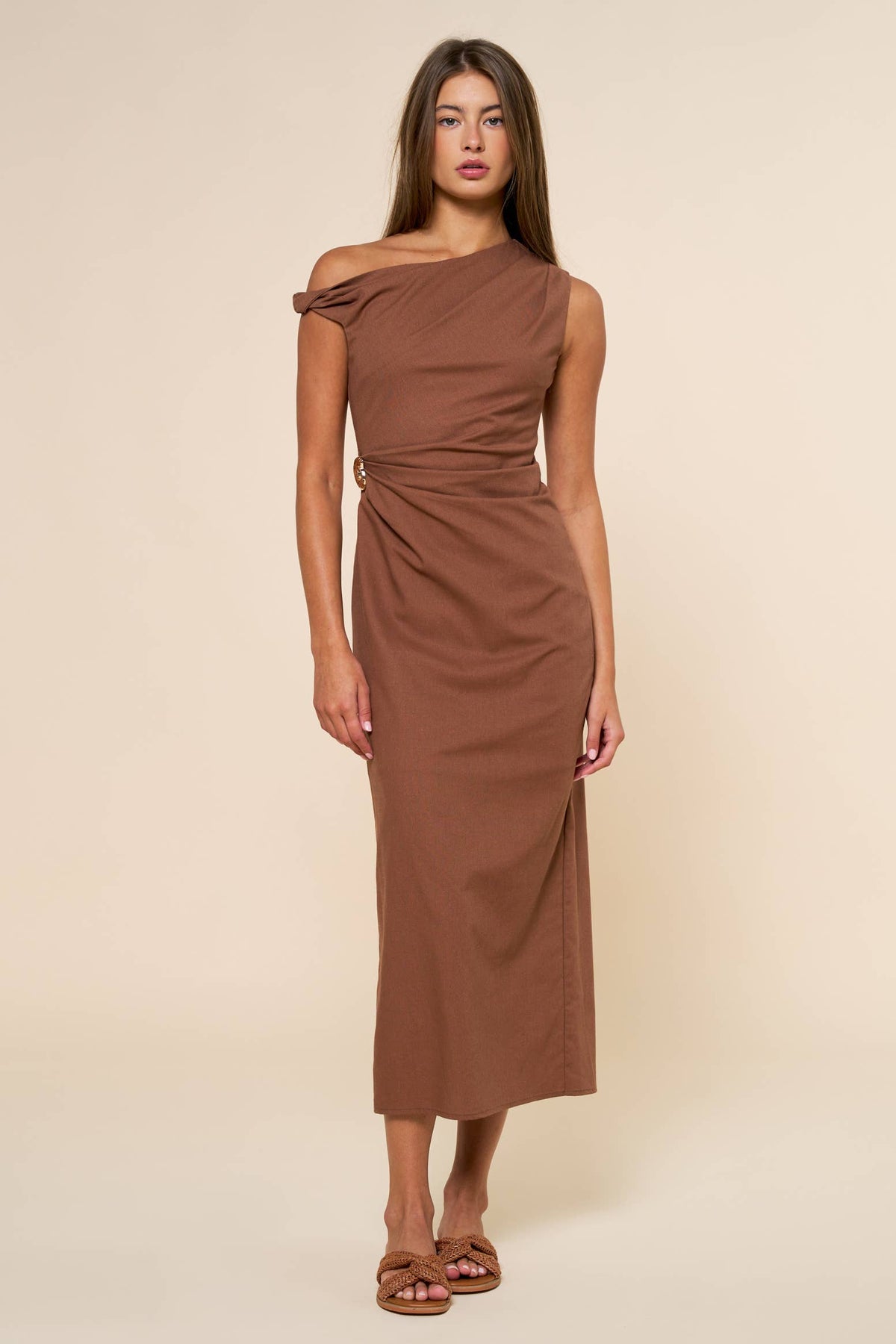Final Sale-Asymmetrical Midi Dress W/ Golden Detail