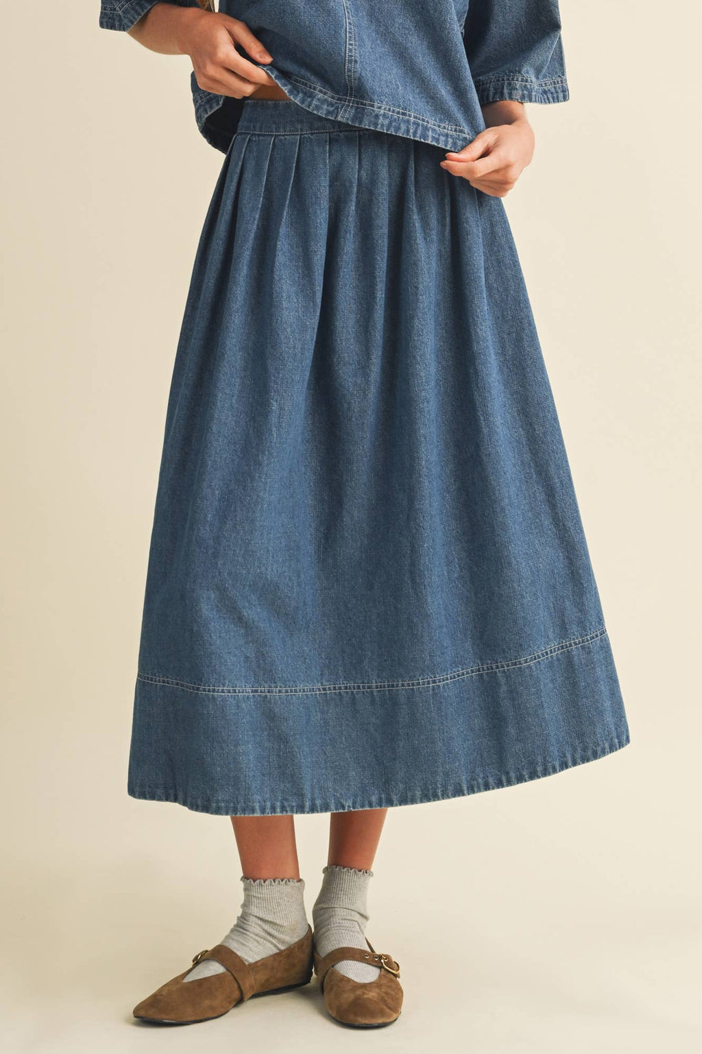 High-Waist Pleated A-Line Denim Skirt