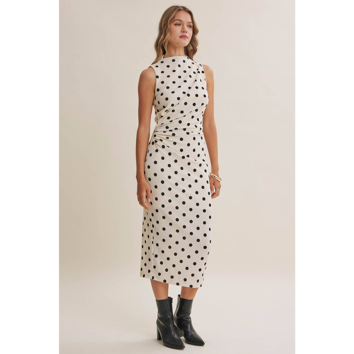 Polka Dot Ruched Midi Dress