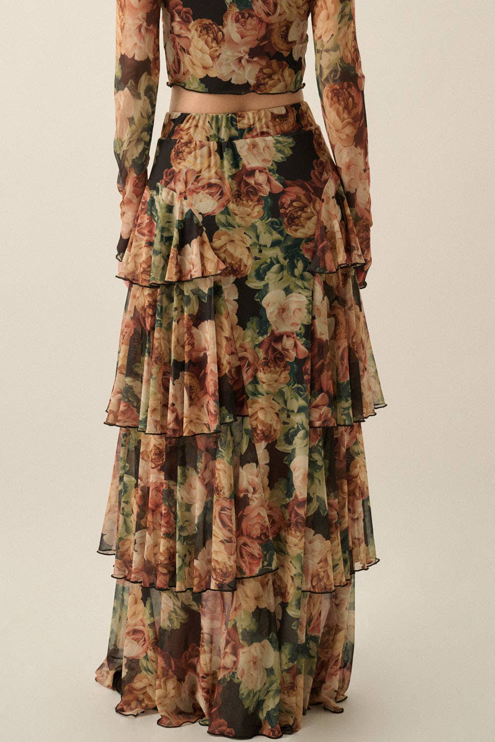 Floral Mesh High-Waist Ruffle Maxi Skirt