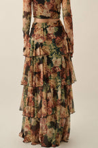 Floral Mesh High-Waist Ruffle Maxi Skirt
