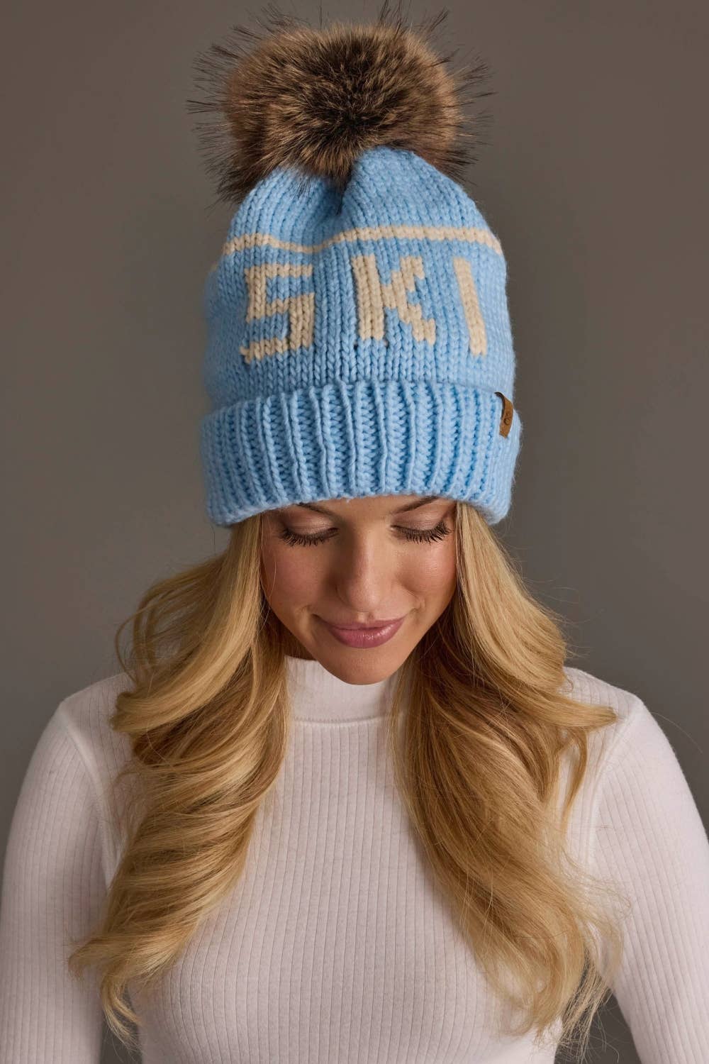 Lt. Blue & Beige Ski Pom Hat
