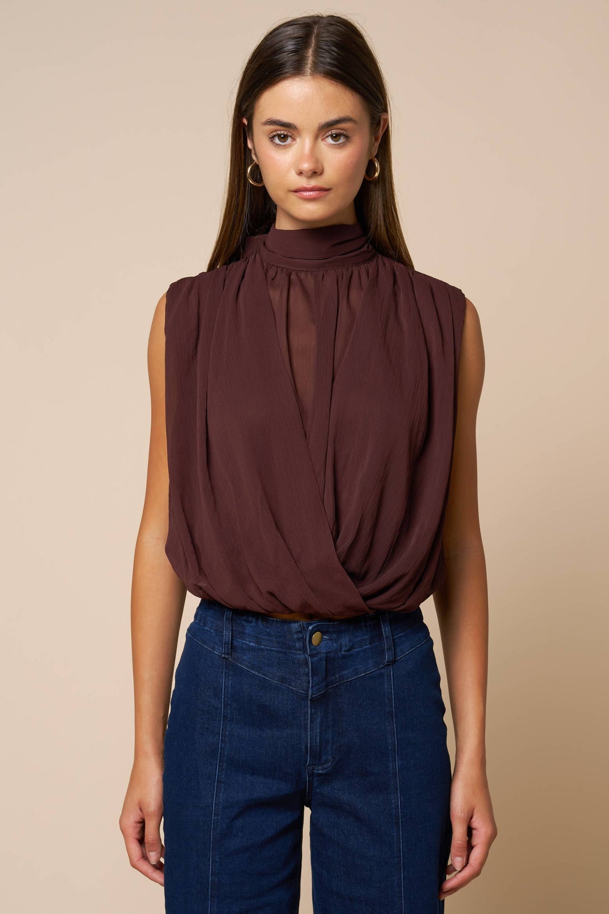 Draped Chiffon Mock Neck