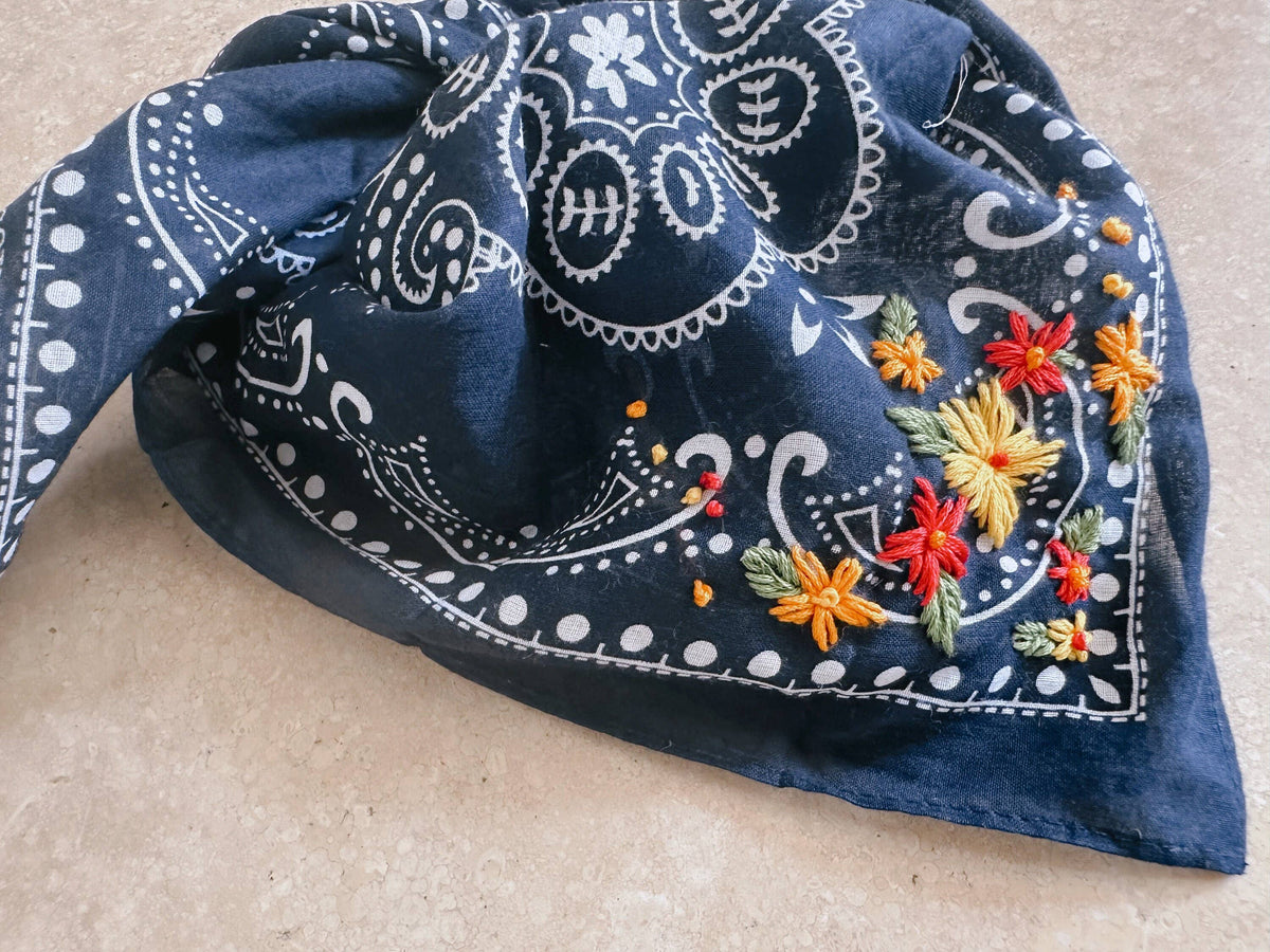 Final Sale-Embroidered Navy Bandana With Bright Flowers