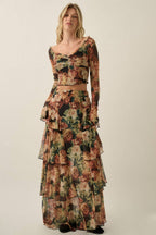 Floral Mesh High-Waist Ruffle Maxi Skirt
