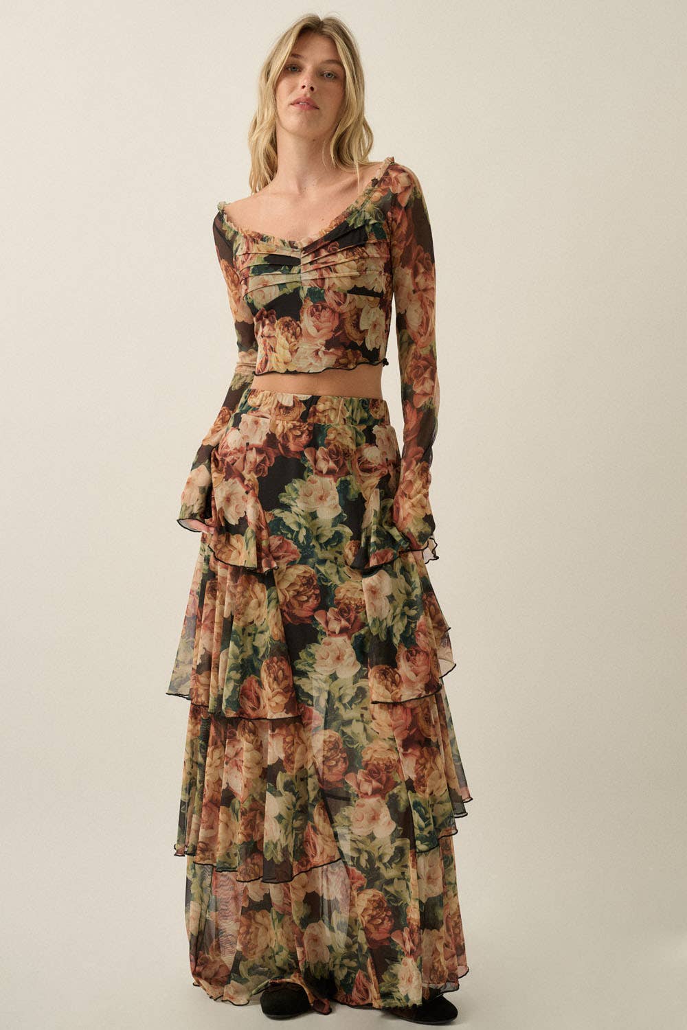 Floral Mesh High-Waist Ruffle Maxi Skirt
