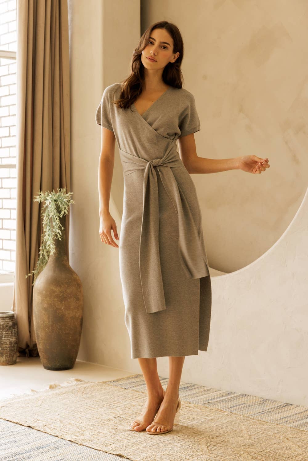 Front-Tie Knit Midi Dress