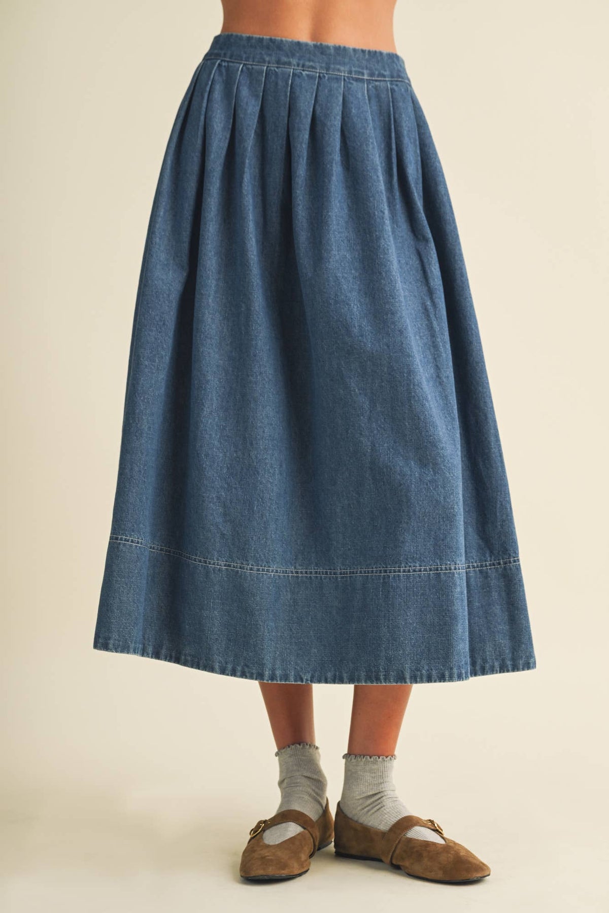 High-Waist Pleated A-Line Denim Skirt