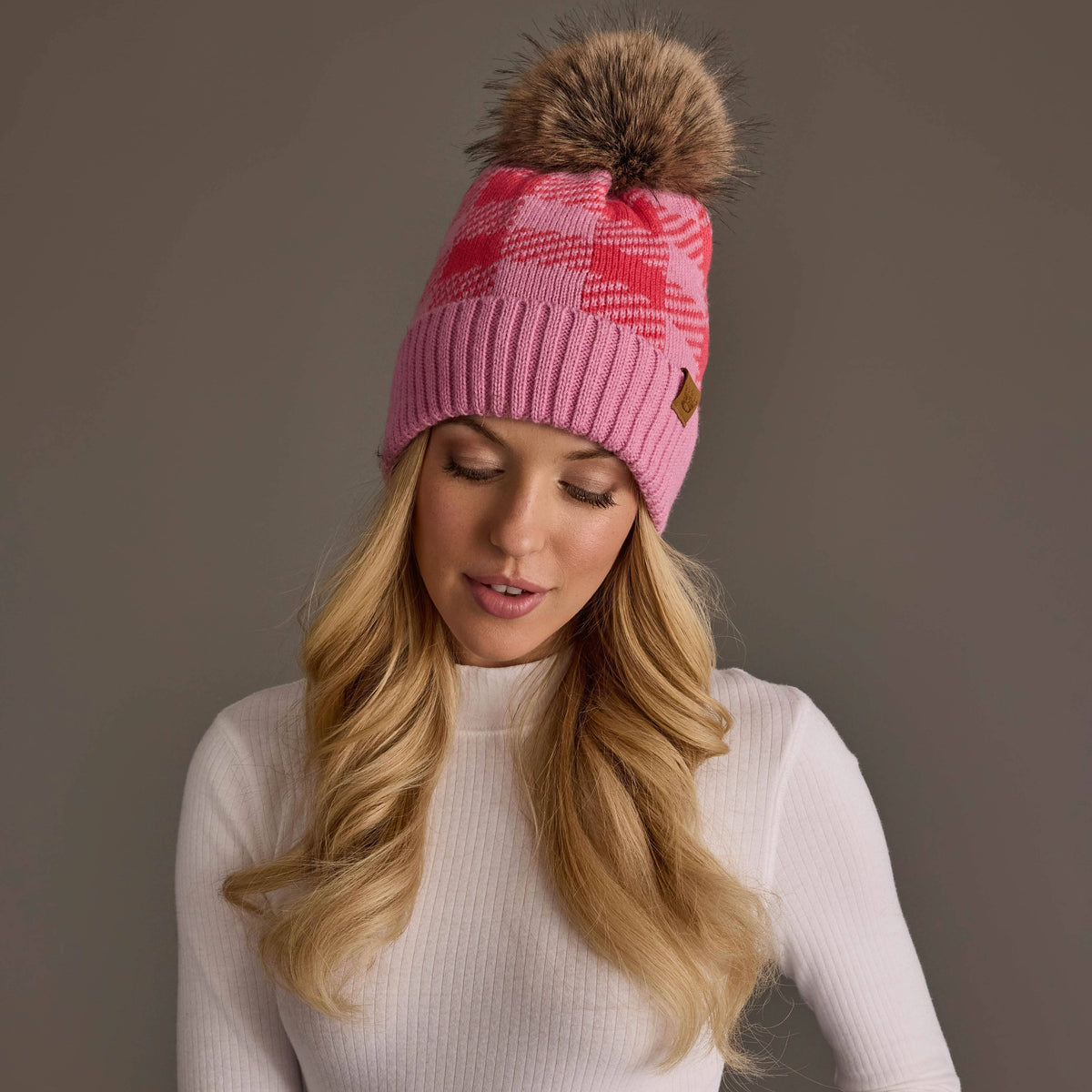 Pink & Bright Pink Plaid Knit Pom Hat