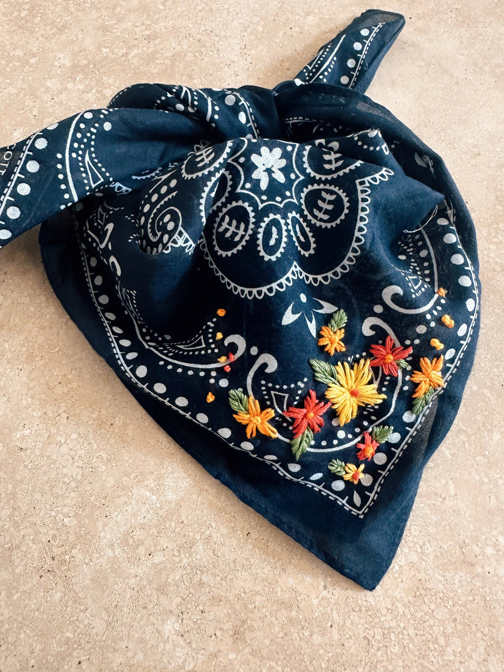 Final Sale-Embroidered Navy Bandana With Bright Flowers