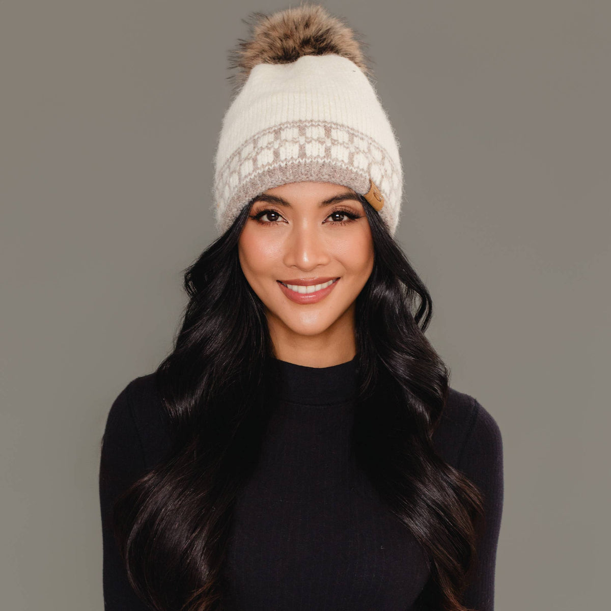 Ivory & Taupe Patterned Knit Pom Hat