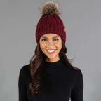 Burgundy Cable Knit Design Pom Hat