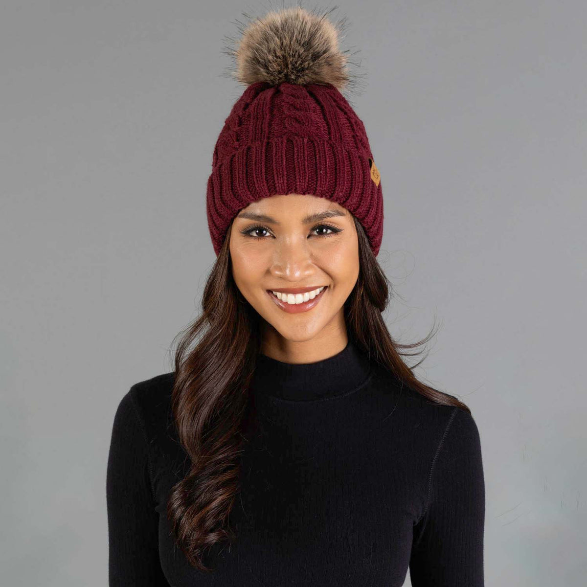 Burgundy Cable Knit Design Pom Hat