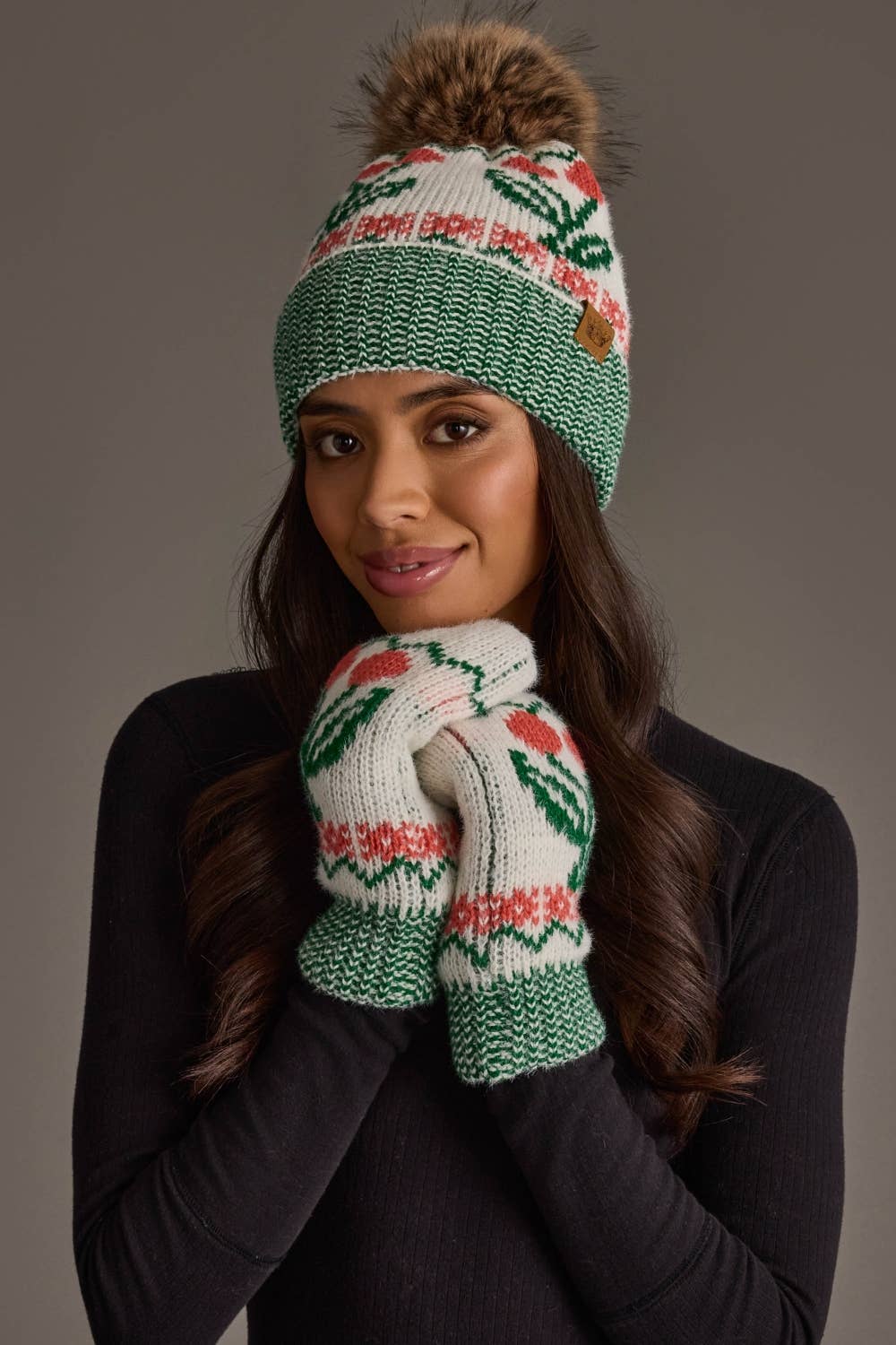 Off White Cherry Pattern Mittens