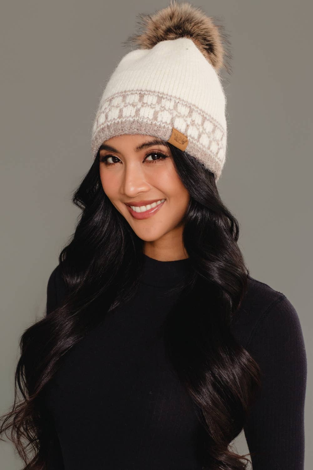Ivory & Taupe Patterned Knit Pom Hat